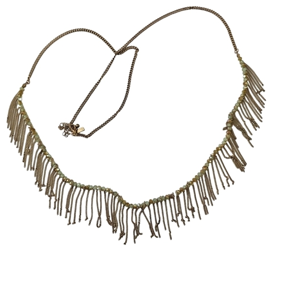 Freedom gold and green long necklace with a boho feeling fringe. - Picture 7 of 12